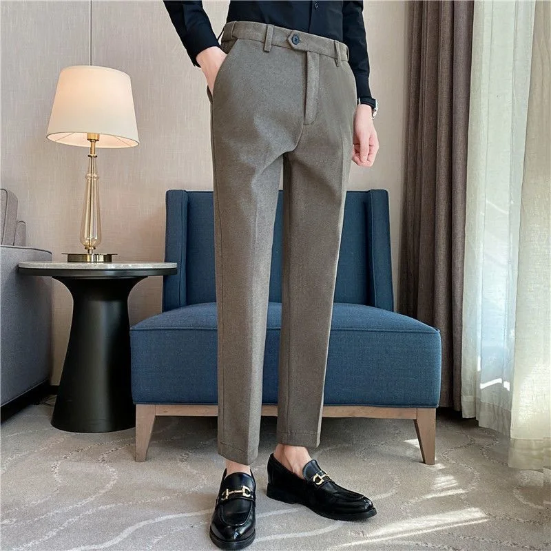 Winter 2023 Autumn Fashion Men's Dress Pants Woolen Warm Business Formal Social Suit Pants Casual Slim Fit Men's Trousers L106