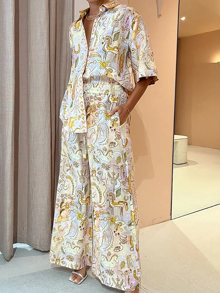 

2023 Women Elastic Waist Wide Leg Pants Printing Two Pieces Outfit Spring Summer Loose Casual Half Sleeve Ladies Matching Sets