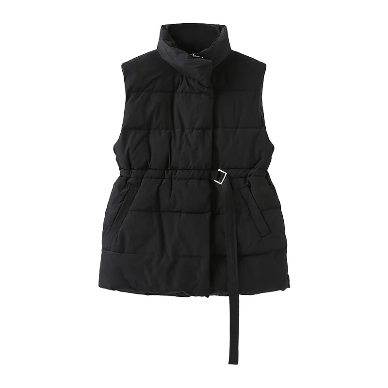 New Fashion Autumn Stand Collar Elegant Coats Warm Outerwear Casual Belt Sleeveless Winter Women Vests Jackets