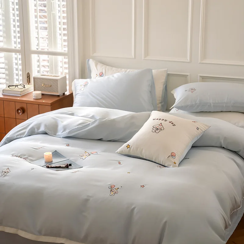 Ins Милая мультяшная вышивка 100 Lenzing Tencel комплект из четырех предметов роскошное