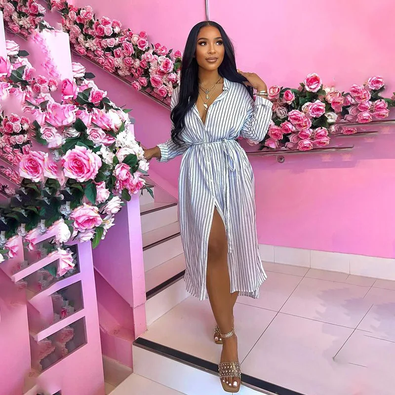 

Women Classics Striped Long Sleeve Shirt Dresses with Belt Sexy Deep V-Neck Single Breasted Cardigan Dress Casual Commute Dress