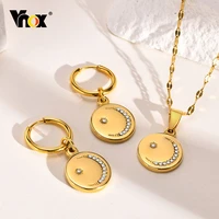 vnox women necklace earrings gold color stainless steel coin pendant with full aaa cz stone moon star jewelry set chic collar