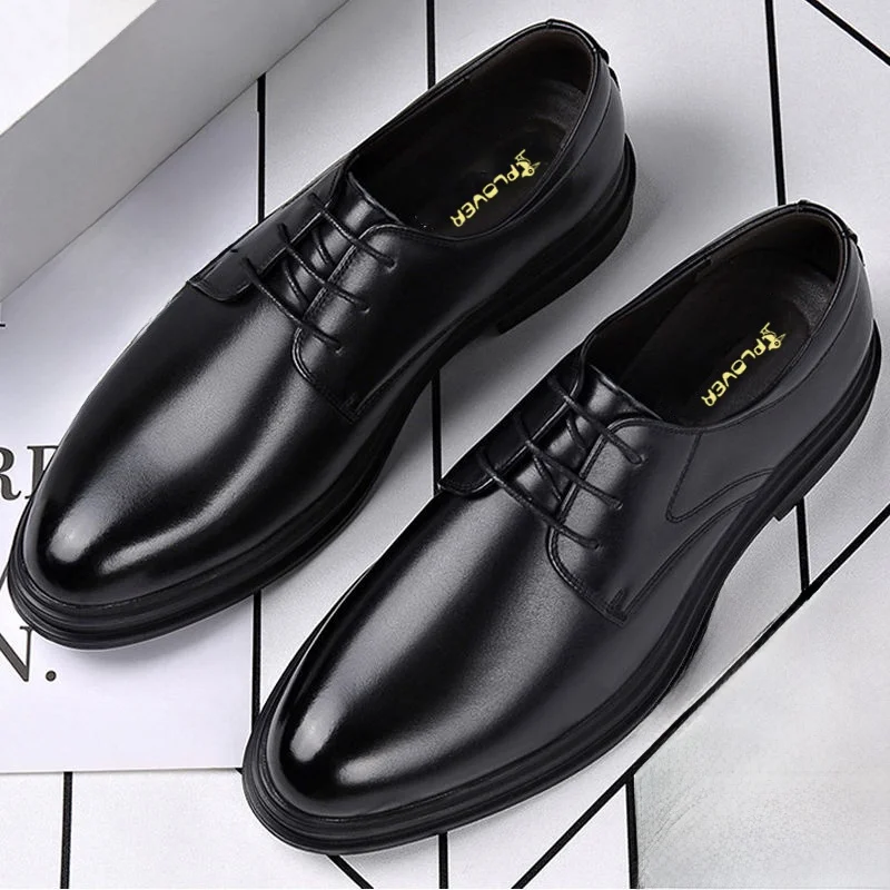 Plover Spring and Autumn New Leather Shoes Men's Lace-up Business Casual Thick Bottom Pointed Toe Guest look Be...