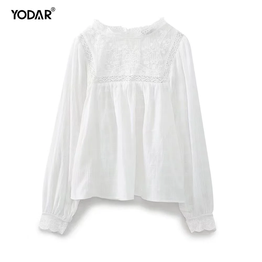 YODAR женские модные шикарные кружевные дамские рубашки с вышивкой белая ажурная
