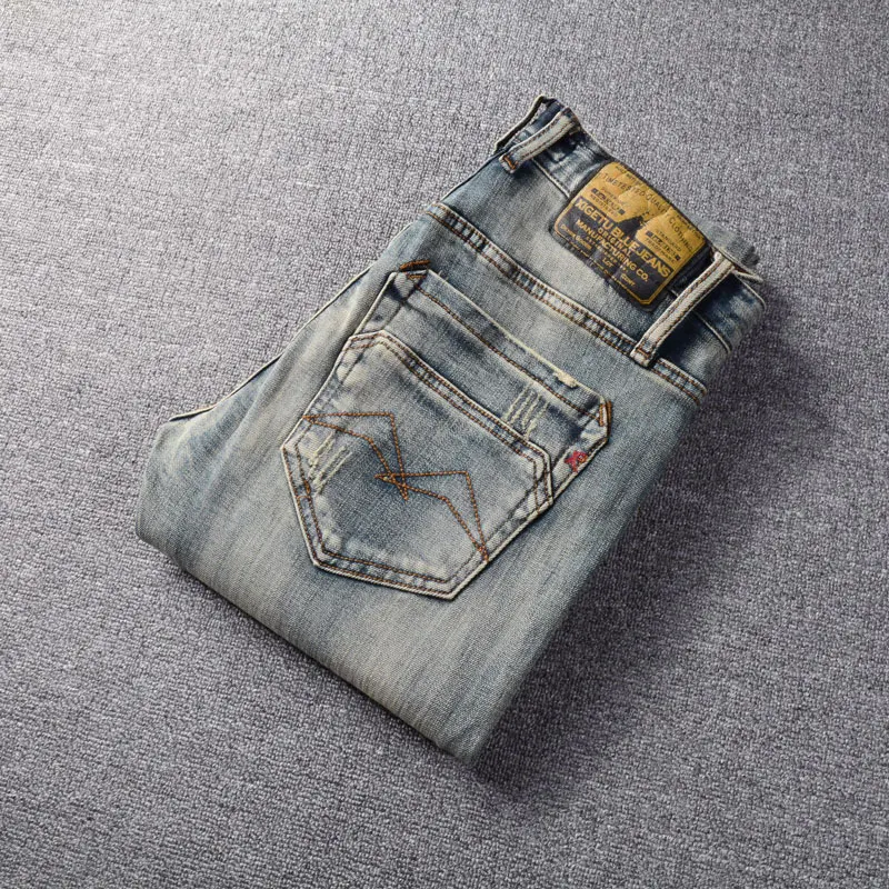 Fashion Designer Men Jeans High Quality Retro Washed Elastic Stretch Slim Ripped Jeans Men Vintage Denim Pants Casual Trousers