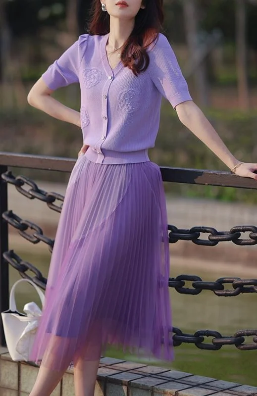 

2023 spring and summer women's clothing fashion new Woven Cardigan with Mesh Skirt Suit 0511