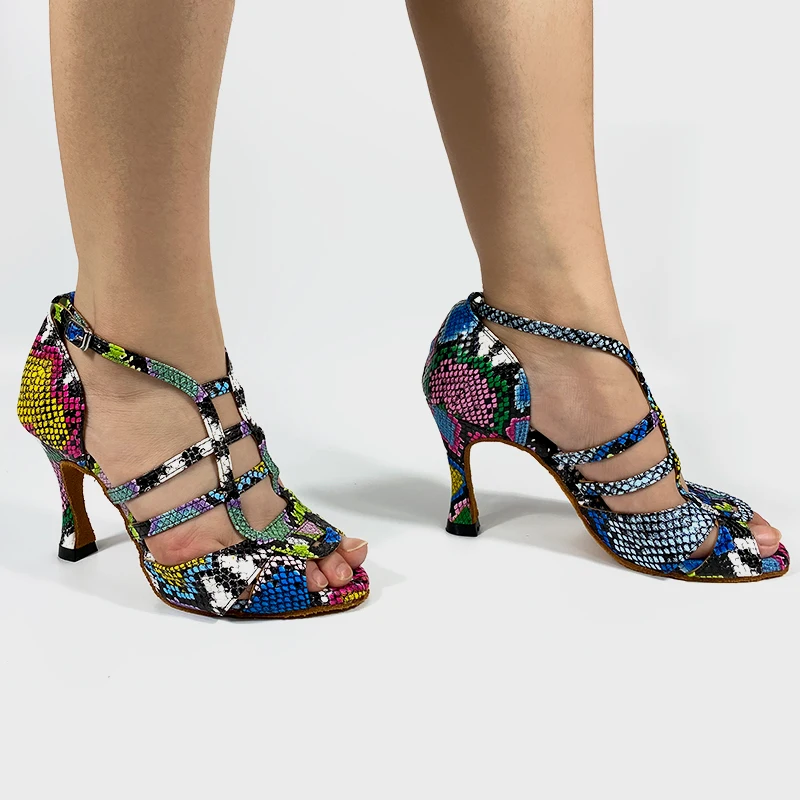 Dancing Shoes Suede Leather Sole Customized Heel 9cm 7cm Colorful Snake Leather African Latin Salsa Dance Shoes Girls
