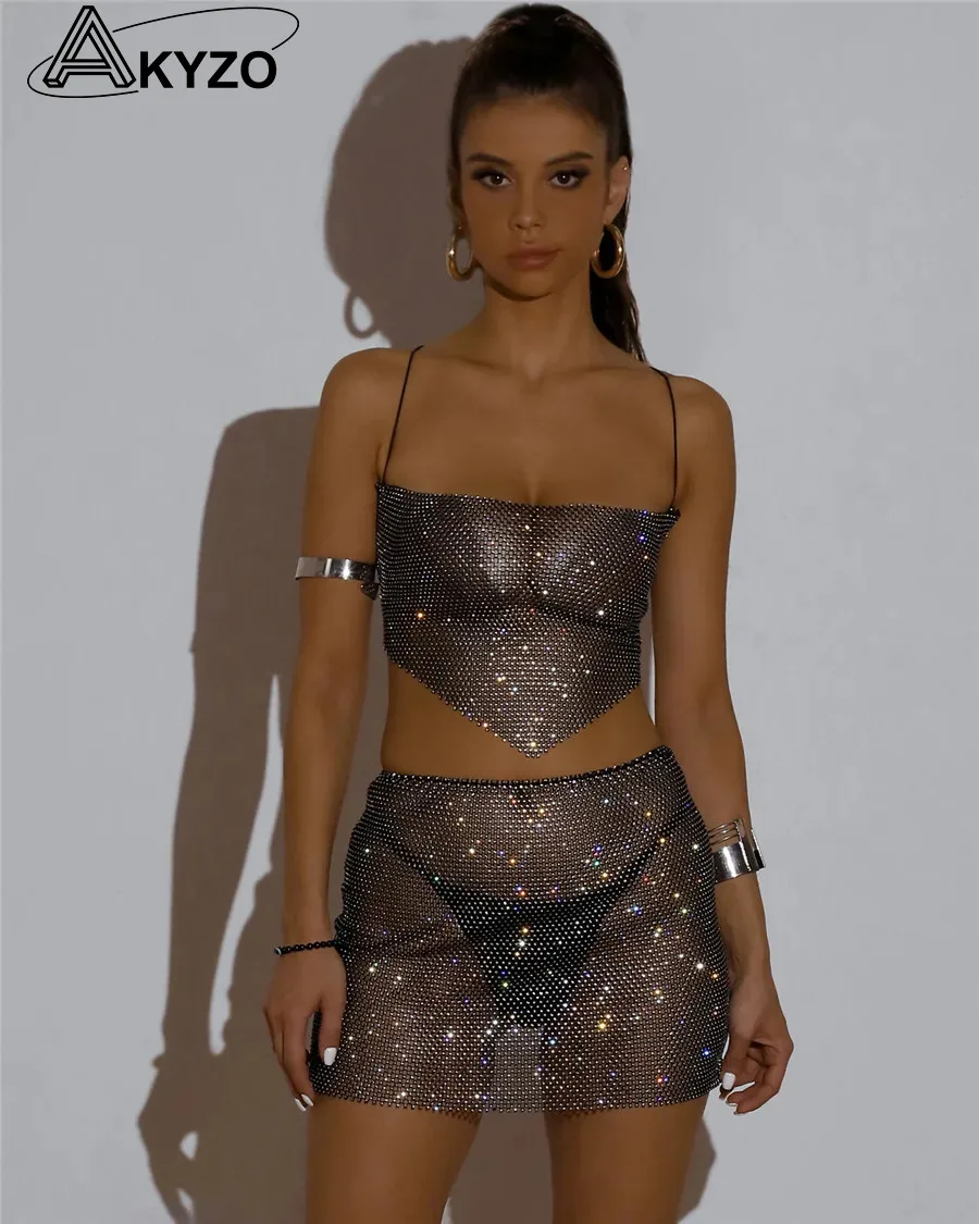 

Sparkly Diamonds Women Skirt 2 Piece Sexy Hollow Out See Through Backless Crop Top And Rhinestone Mini Skirt Rave Party Outfits