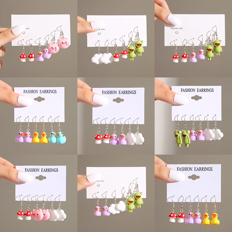 10Pcs/Set Duck Dangle Earring Set Cute Cartoon Butterfly Heart Mushroom Animal Drop Earrings For Woman Girl Kids Jewelry Gifts