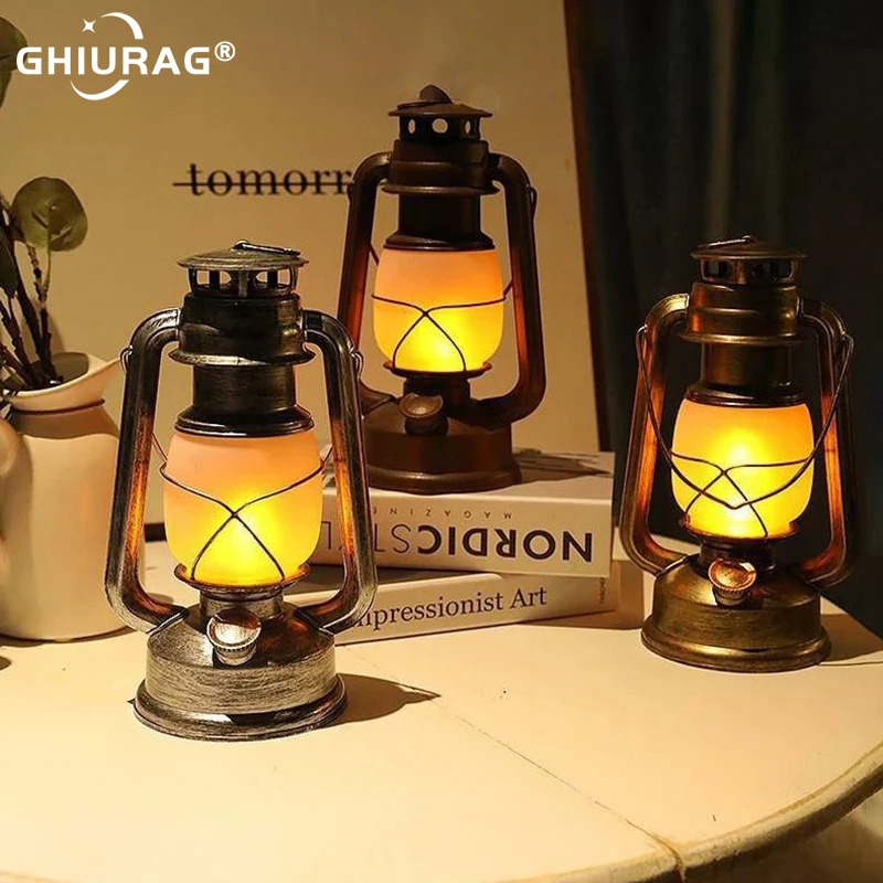 LED Retro Portable Lantern Outdoor Camping Kerosene Lamp Dynamic Flame Light 3A Battery Powered tent lighting Garden Decoration |