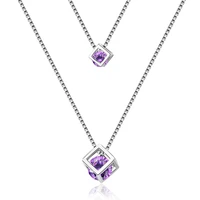 925 sterling silver double layer link chain cube cubic zirconia pendant necklace 45cm womens fashion fine jewelry