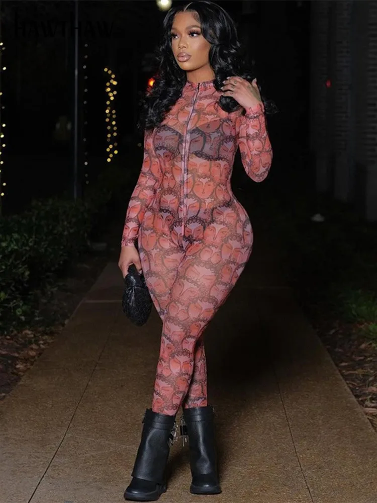 

Hawthaw Women Long Sleeve Printed Mesh See Through Bodycon Jumpsuit Overalls 2022 Summer Clothes Wholesale Items For Business