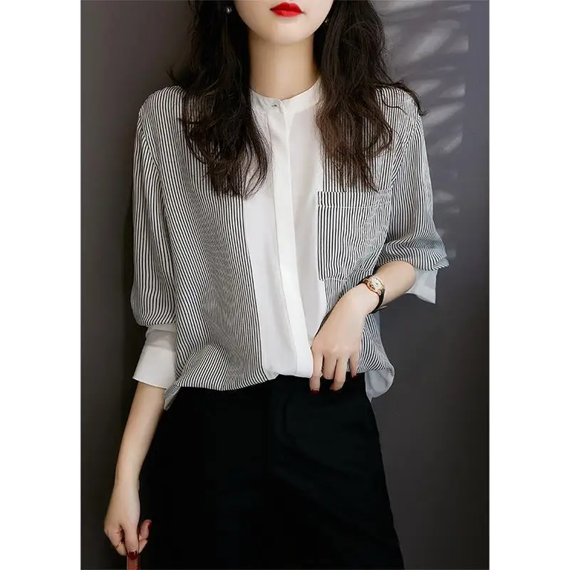

Color Contrast Stripe Stand Collar Shirt Women's Spring And Autumn New Design Sense Retro French Thin Shirt Top