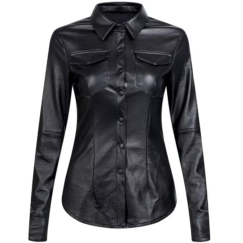 2021 Autumn High Street PU Shirt Women Solid Faux Leather Blouse Vintage Button Tops Office Ladies Blusas Female Camiseta Mujer enlarge