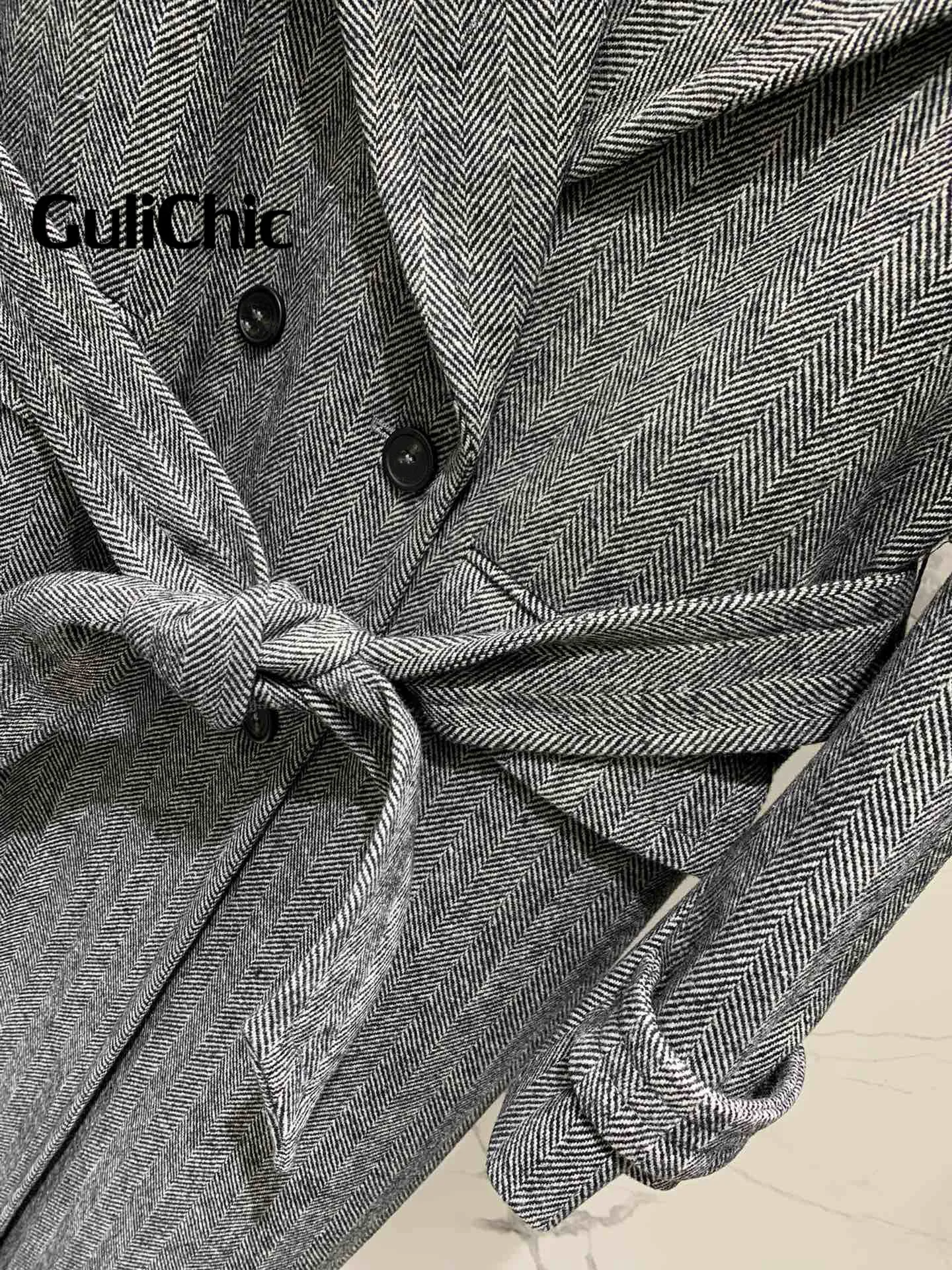 10 26 GuliChic 2024 осенне-зимнее классическое длинное шерстяное пальто с узором елочка