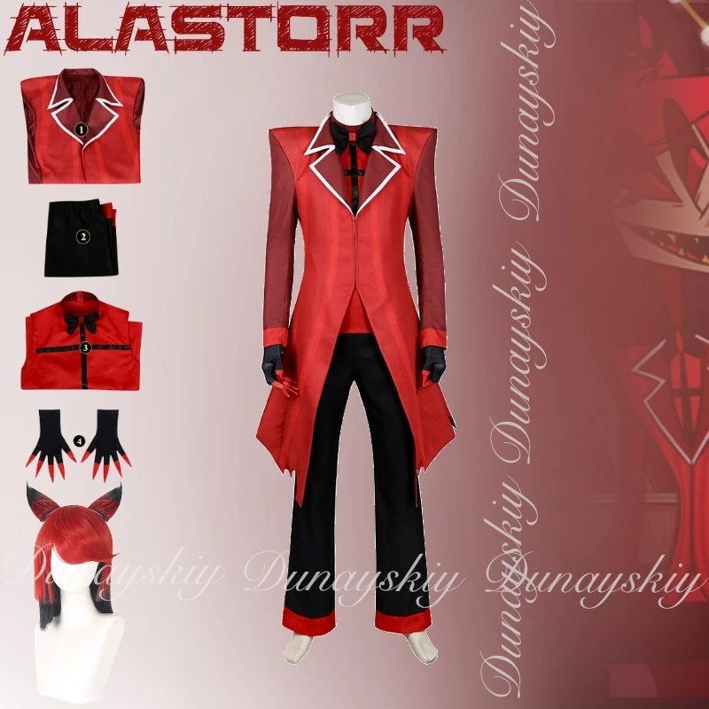 Фото Hazzzzzbin Hotel Alastor Косплей Lord of Sinners Красное пальто Красный короткий парик Хэллоуин Полный комплект №1