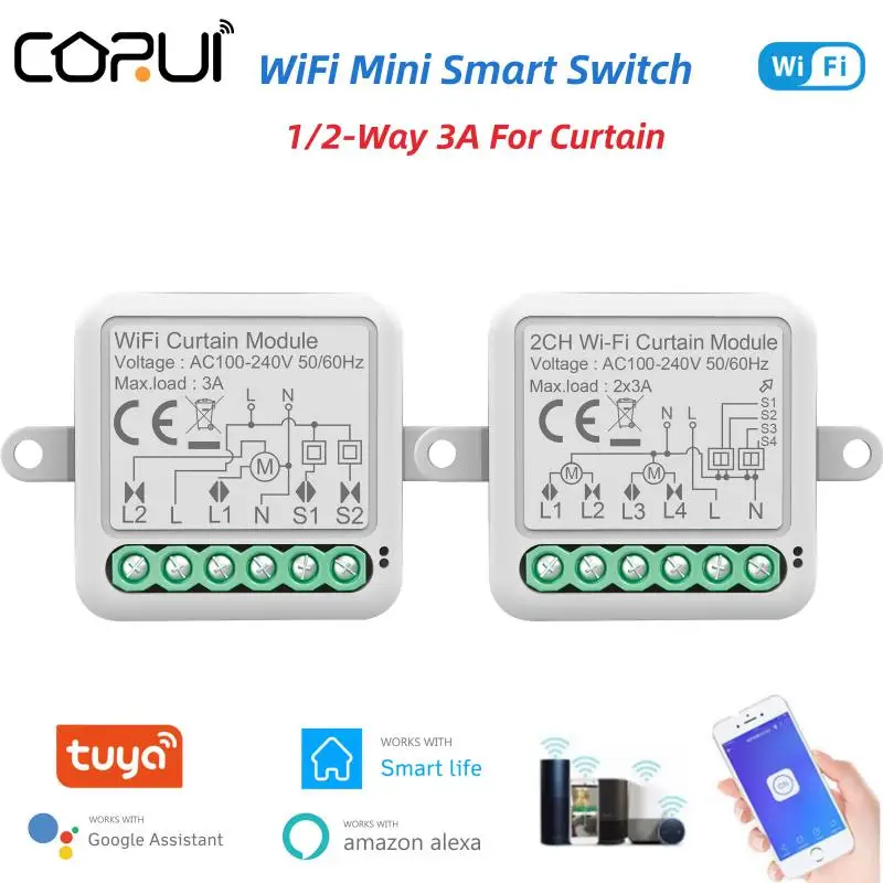 

CoRui 3A Tuya Wifi Smart Switch For Curtain Module Blind 1/2-way Roller Shutter Electric Motor Compatible With Alexa Google Home