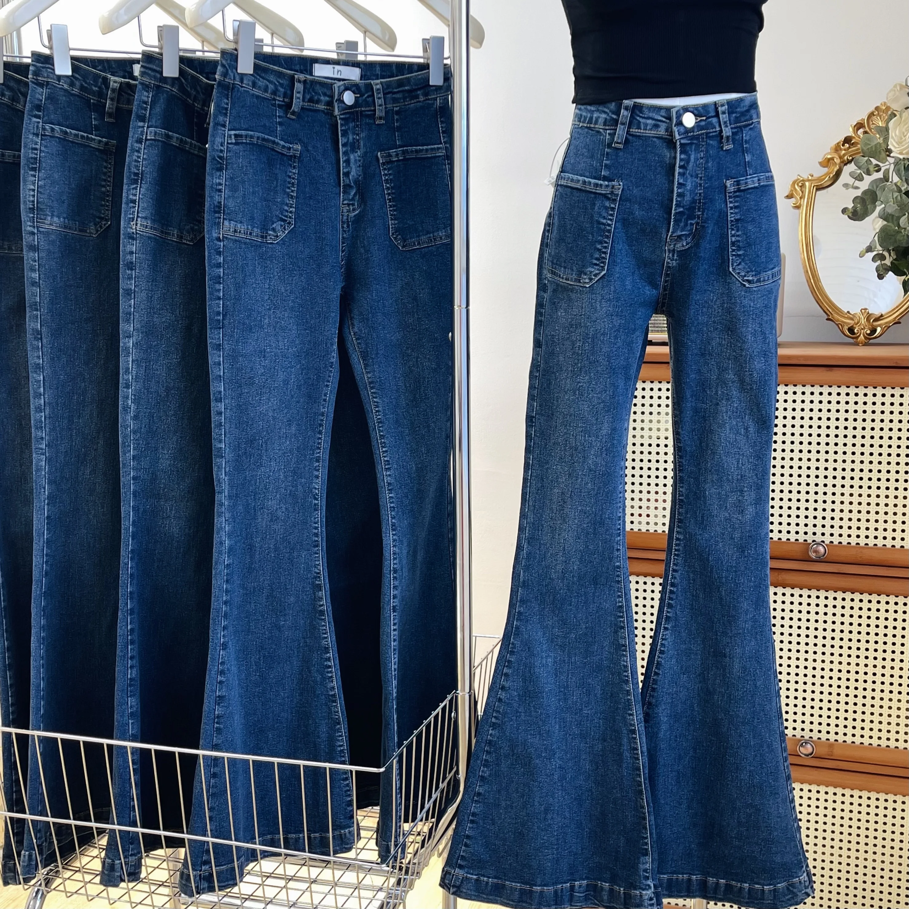 Fit For 160-173cm Women's Vintage High Waist Flare Jeans Spring Summer Stretchable Slim Flare Denim Pants Lady Leggy Long Jeans