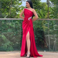 lorie shiny red evening dresses off shoulder mermaid dubai sleeveless party gowns side slit pleated beadings celebrity dress