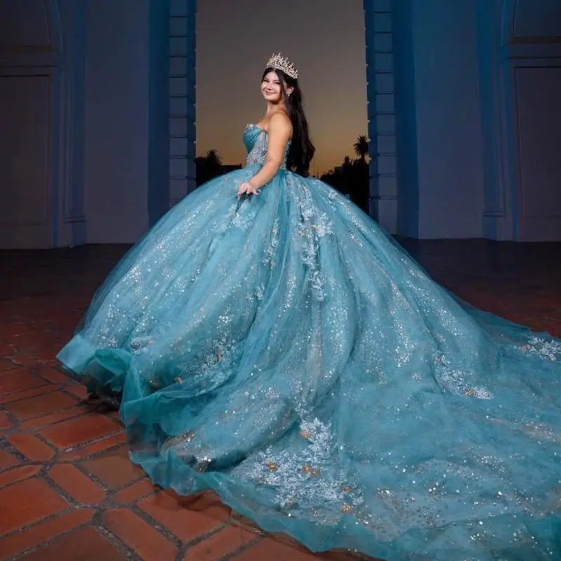 Морское синее блестящее бальное платье Quinceanera Платья с блестками и аппликациями