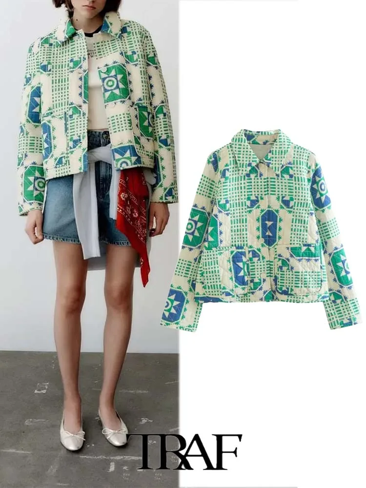 

TRAF 2023 Winter Jacket Women Printed Shirt-style Padded Coat Jacket Fashion Thick Casual Jacket Parkas