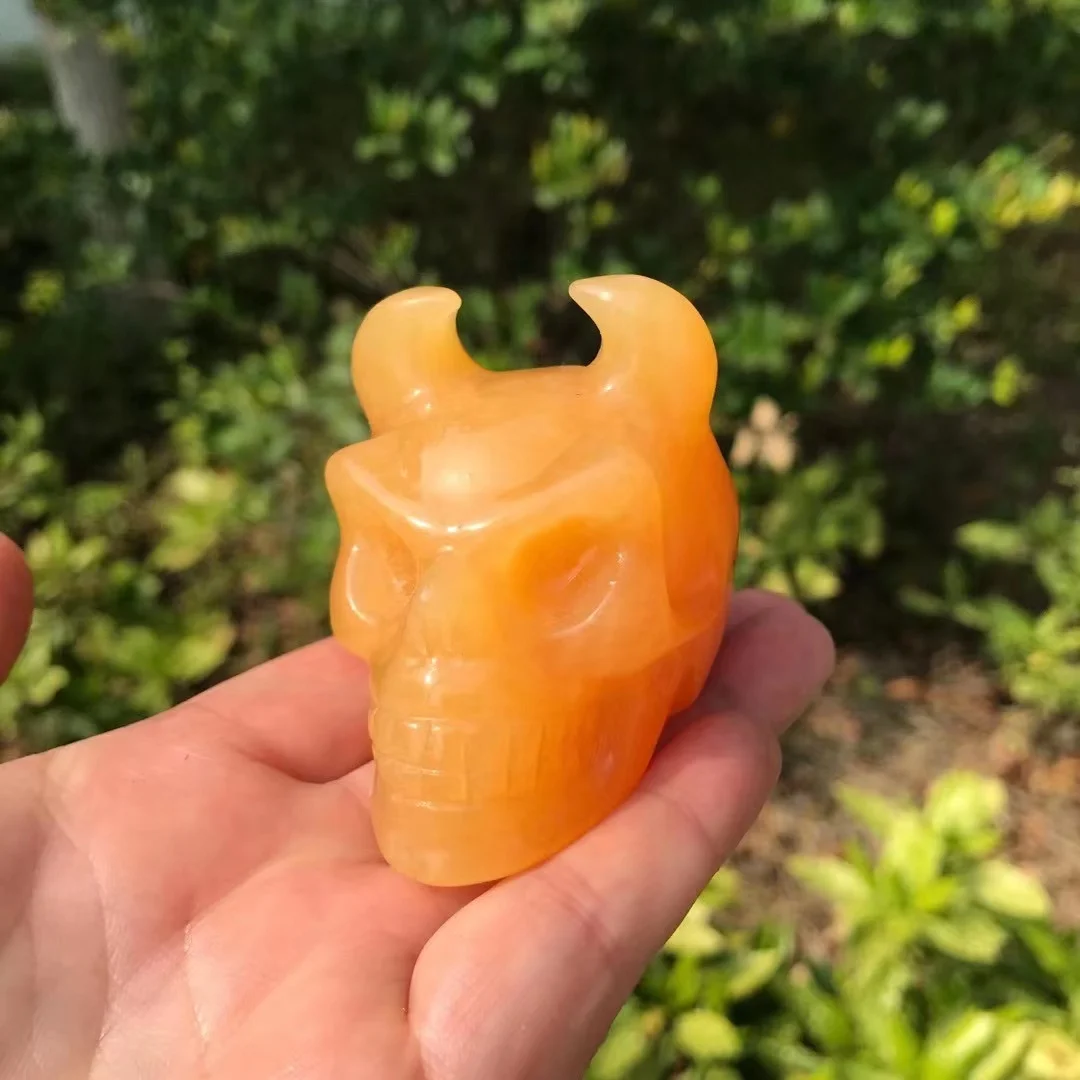 

Calcite Hand Carved Bull Horn Skull Statue Crystal Craft Gift Home Decor Office Ornaments