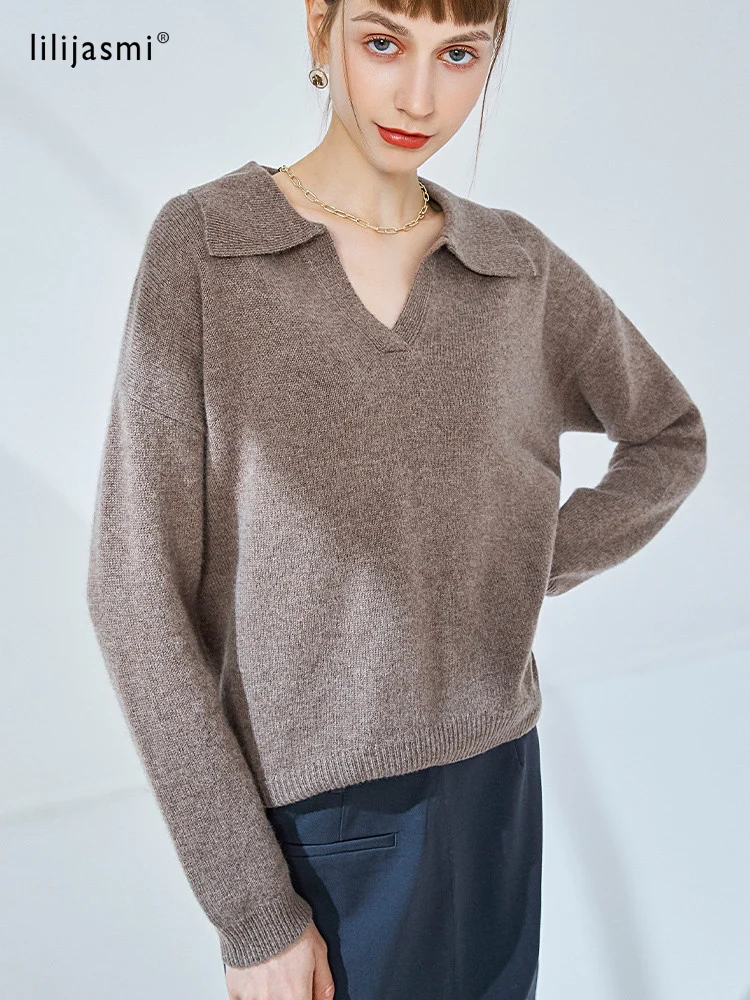 2022 New Women Cashmere Loose Drop-Shoulder Sleeve Turn Down Collar Pullover Sweater Soft Fine Wool Cashmere Blend Female Jumper