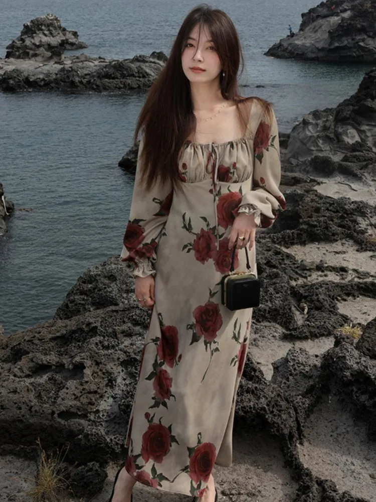 Женское вечернее платье с цветочным принтом элегантное цельное