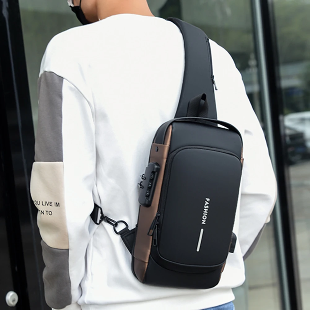 Fashion Men Chest Bag Waterproof Men Crossbody Bag Anti-theft Tape Bag with USB Charging Port Patent Leather Shoulder Sling Bags