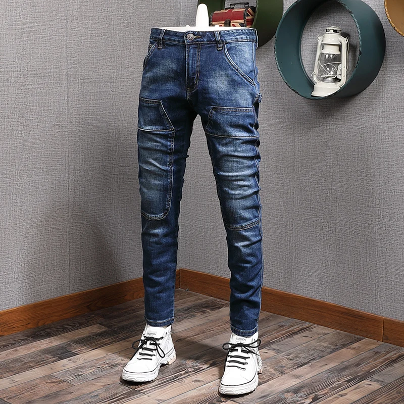 

American Street Style Fashion Men Jeans High Quality Spliced Designer Retro Dark Blue Biker Jeans Men Hip Hop Slim Denim Pants