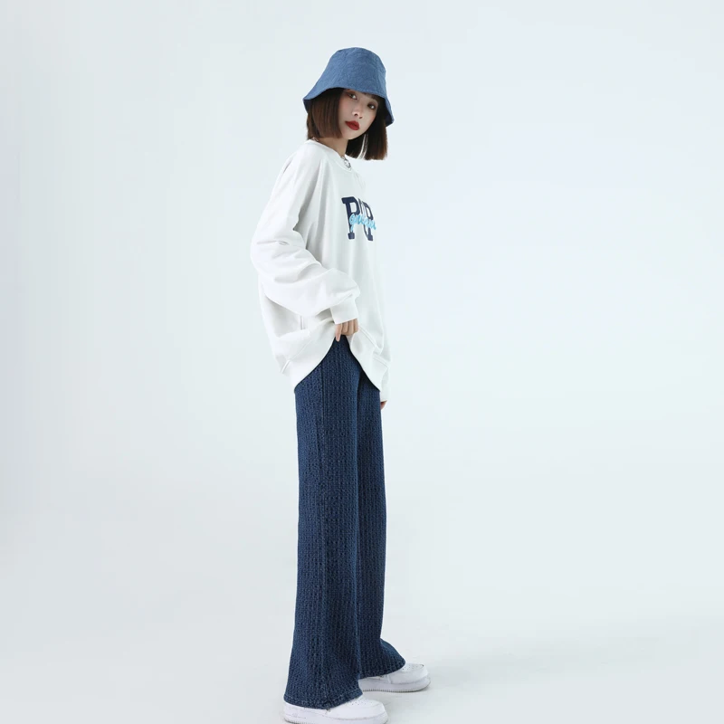 Fashion Casual Wide Leg Jeans Women'S 2022 New Spring And Autumn Waffle High Waist Loose Straight Tube Floor Dragging Pants