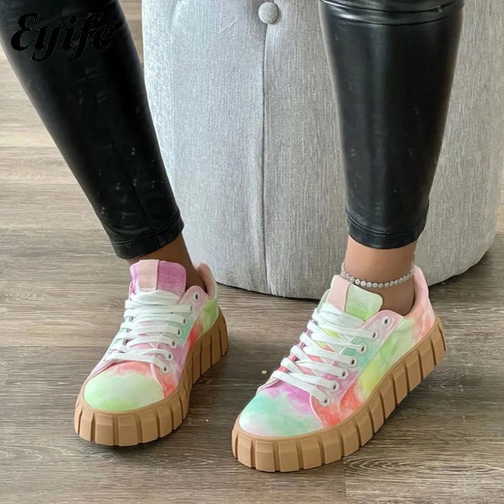 

Women's Tie Dye Sneakers 2023 New All Season Thick Bottom Ladies Lace Up Comfortable Vulcanized Shoes Fashion Large-Sized Flats