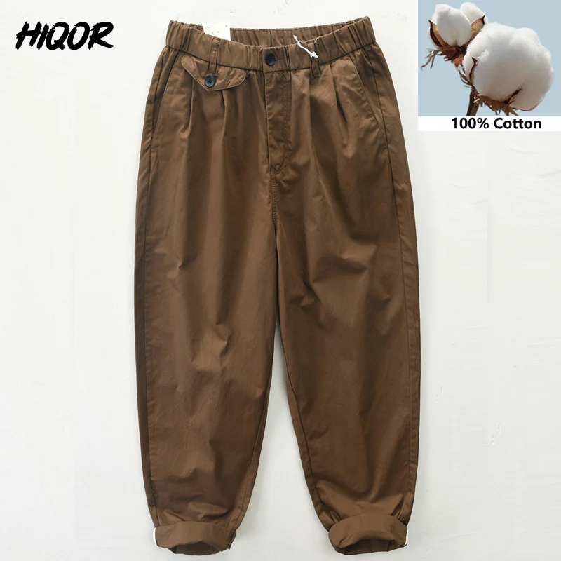 HIQOR 2022 New Cityboy Style Loose Casual Pants Men 100% Cottontwill Enzyme Wash Trousers Classic Chinos Brown Cargo Pants Male