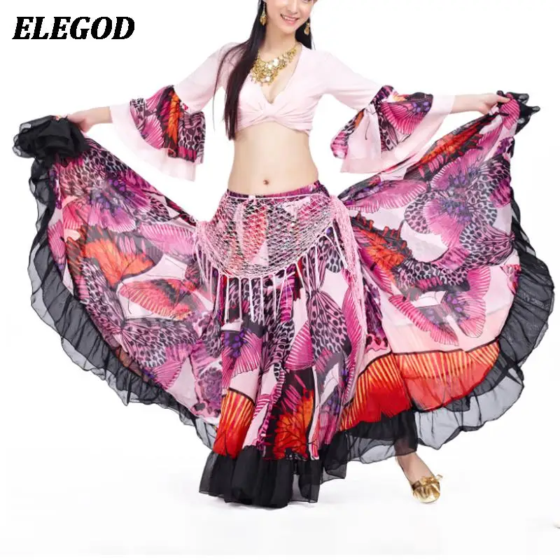 

Women Belly Dance Suit Sexy Top and 720 Degree Long Skirt Training Suit Lady Gypsy Spanish Flamenco Oriental Dance Costume Set