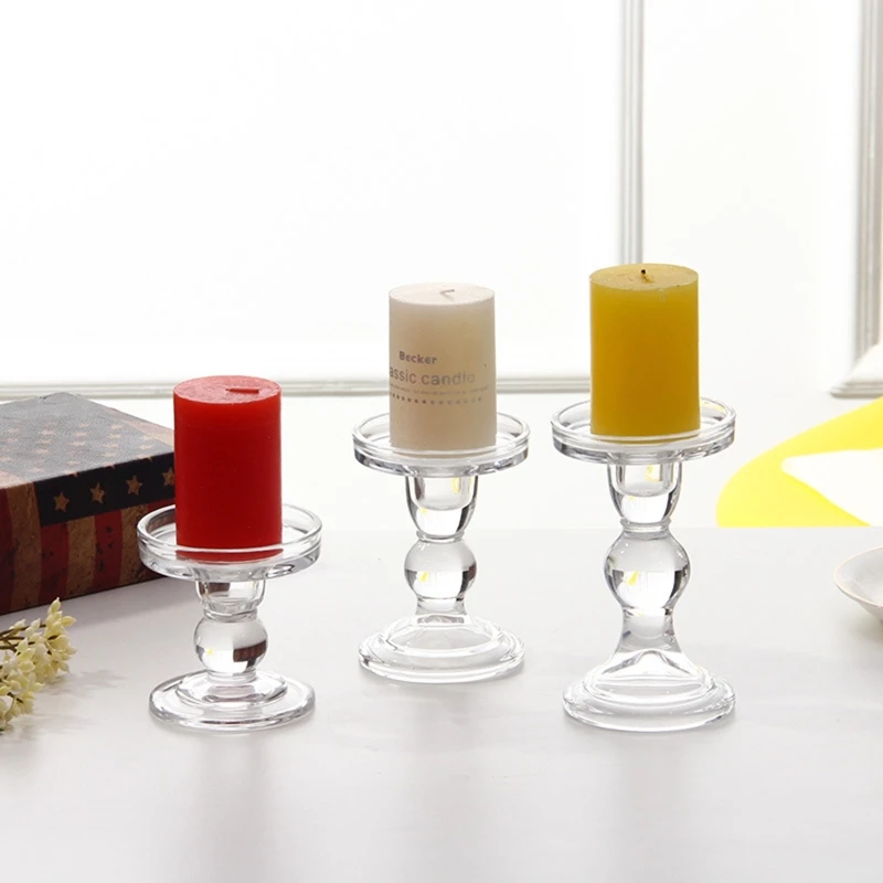 

Clear Glass Candle Holder Set of 3 Tall Candlestick Stand Kit Desktop Ornament