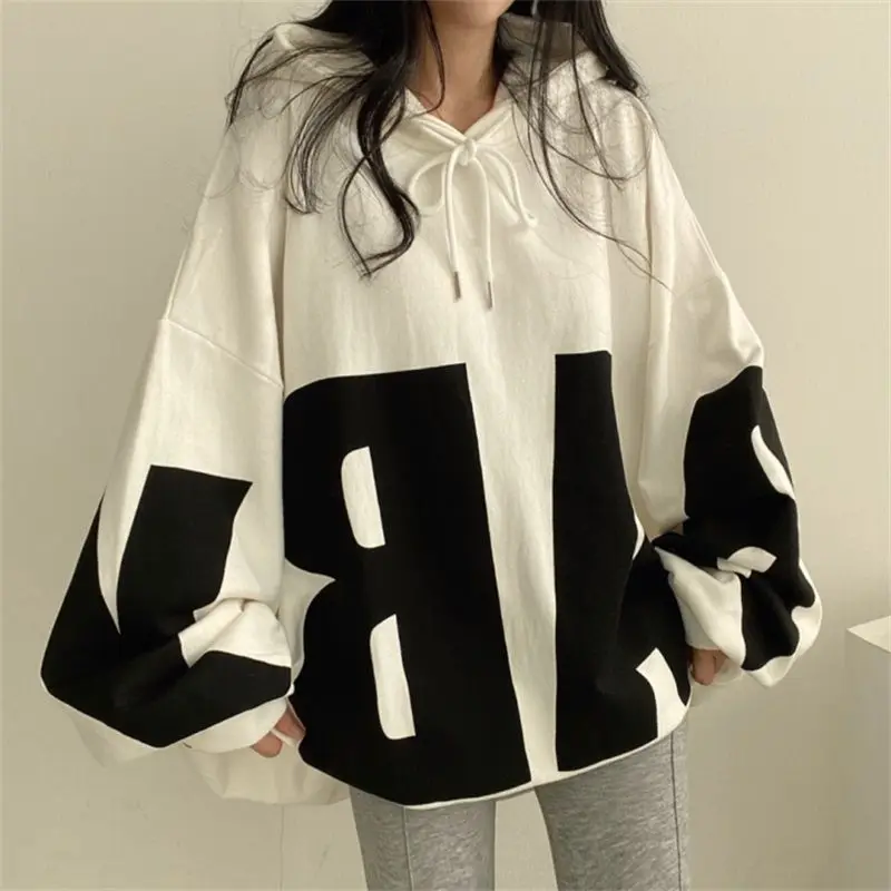 

Korean Fashion Streetwear Hooded Sweatshirts 2023 New In Spring Autumn Woman Clothes Wool Lining Loose Pullover Oversized Hoodie