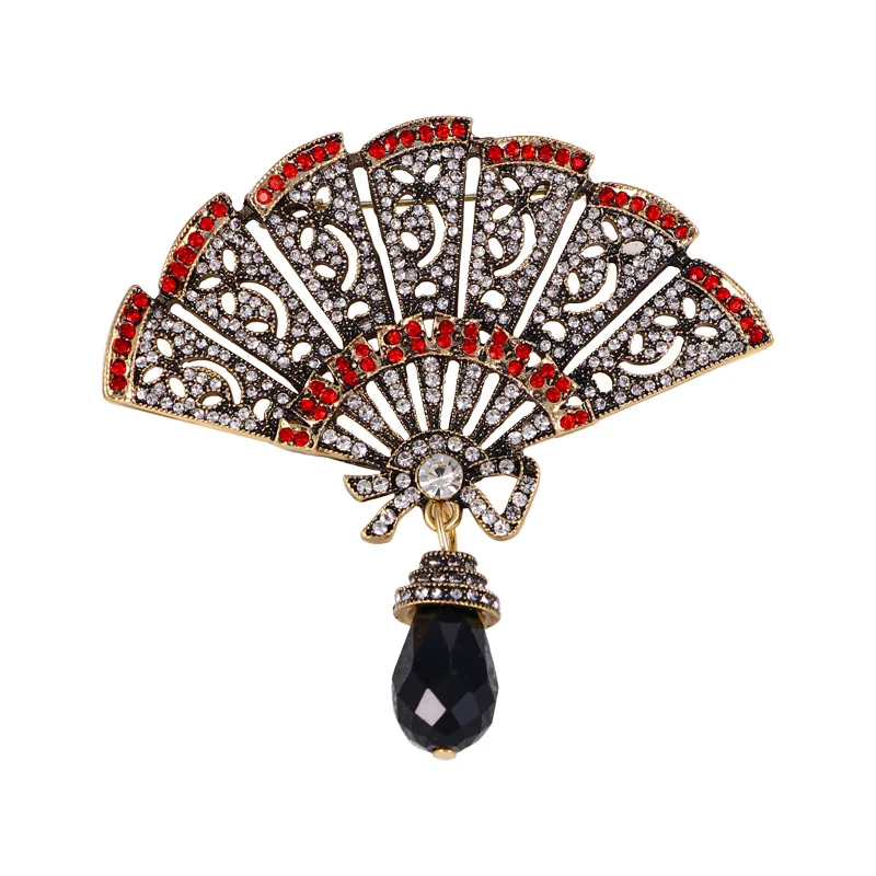 

MITTO FASHION JEWELRIES AND HIGH-END ACCESSORIES COLORED RHINESTONES PAVED FOLDING FAN VINTAGE PIN WOMEN DRESS BROOCH