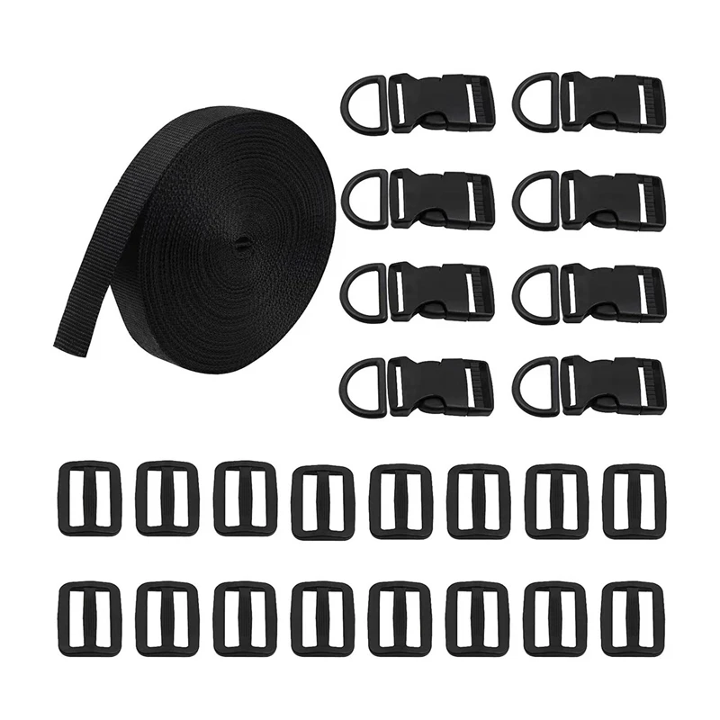 

Hot Kf-Buckles Straps Set 10 Yards Nylon Webbing Strap 8 Pcs Quick Side Release Plastic Buckle 8Pcs Tri-Glide Slide Clip D Ring