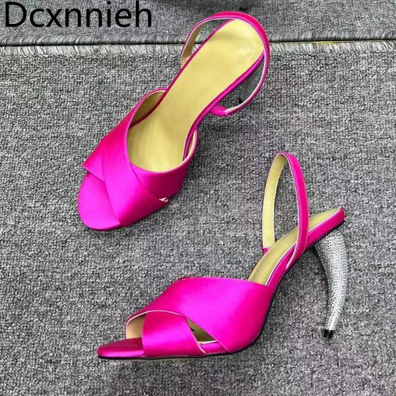 

Summer New Fashion Round Toe Cross High Heel Sandals Women Slip On Shallow Satin Sandals Rhinestones Round Heel Wedding Shoes