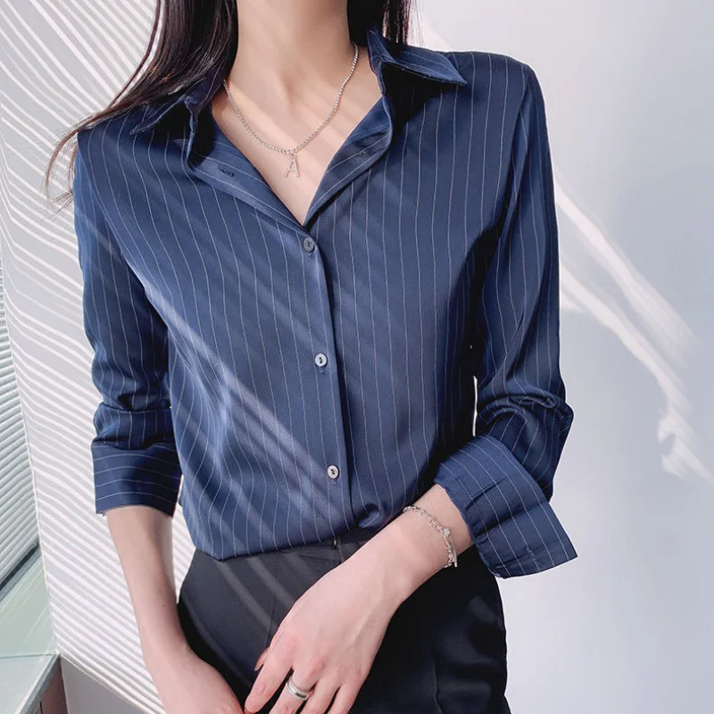 2022 Long Sleeve Striped Blouses Women 2022 New Blue Color Fashion Shirt Femme Spring and Autumn Loose Chiffon Shirt Top
