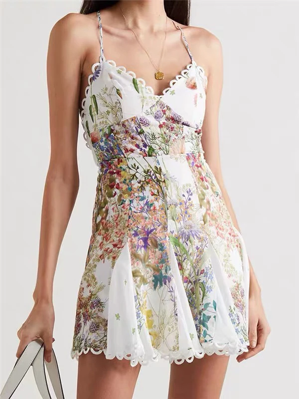 

Women Backless Cotton Mini Dress V Neck Strapless Hollow Out Burnt Embroidery Sexy lady dress