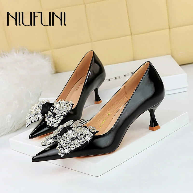 

NIUFUNI Pointed Luxury Rhinestone Bow Woman Shoes Stiletto PU Leather Slip On Women's Pumps Fashion Ladies Party Shoes High Heel