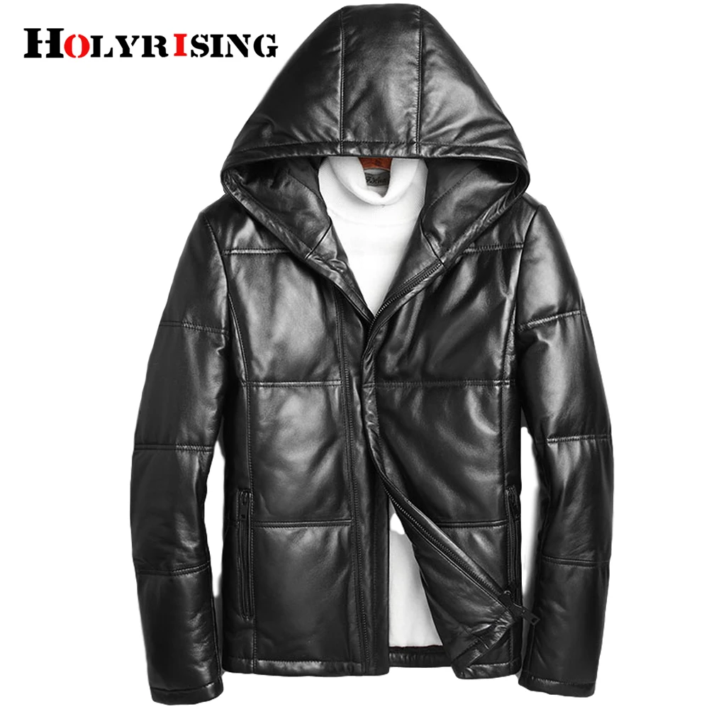 

Holyrising Men's White Duck Down Jacket Warm Hooded Thick Puffer Soft Pu Leather Jacket Coat Male Casual Overcoat Parka NZ201