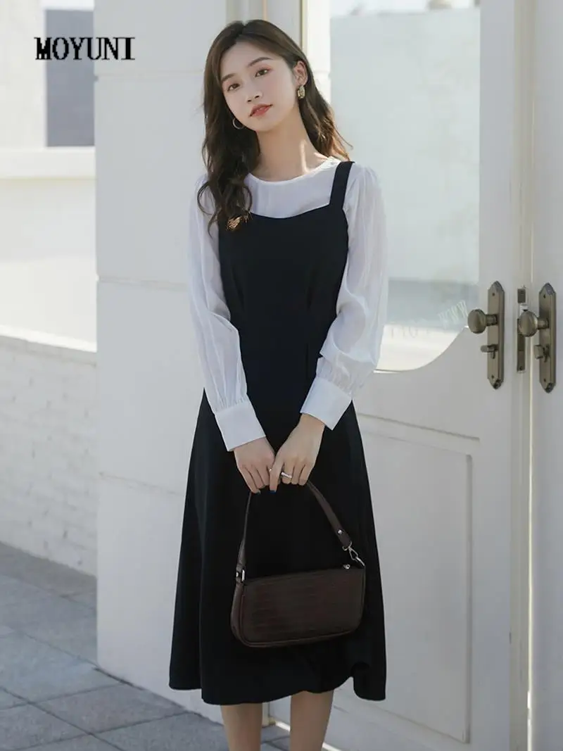 

Conjuntos De Vestido Autumn Round Puff Long Sleeve Blouse Shirts Tops Casual Fashion Black Tank Dress Women Sets Outifits 2style
