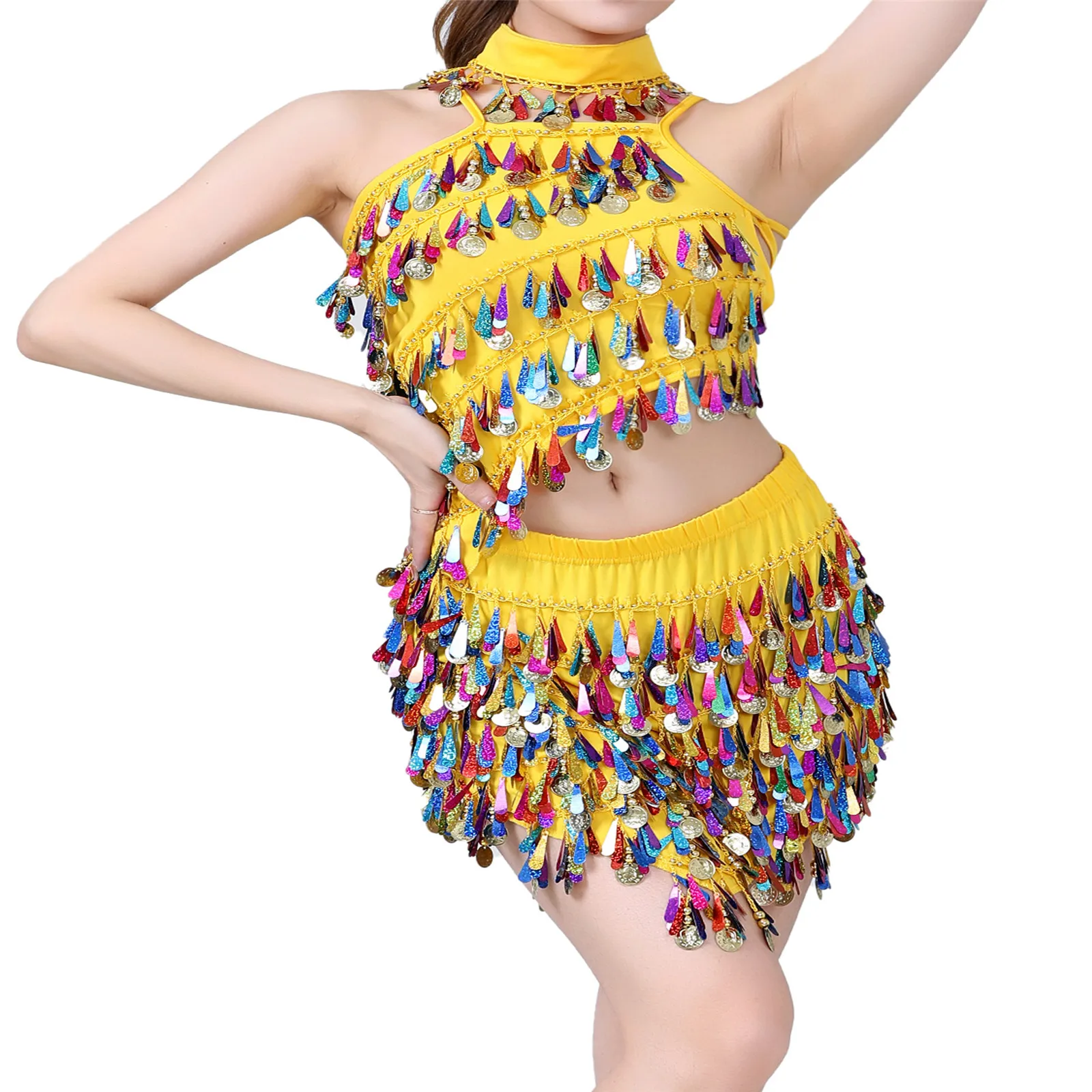 

Dancer Belly Outfit for Women Sexy Belly Dance Set Halter Crisscross Back Crop Top with Sequins Tassel Skirt Female Show Costume