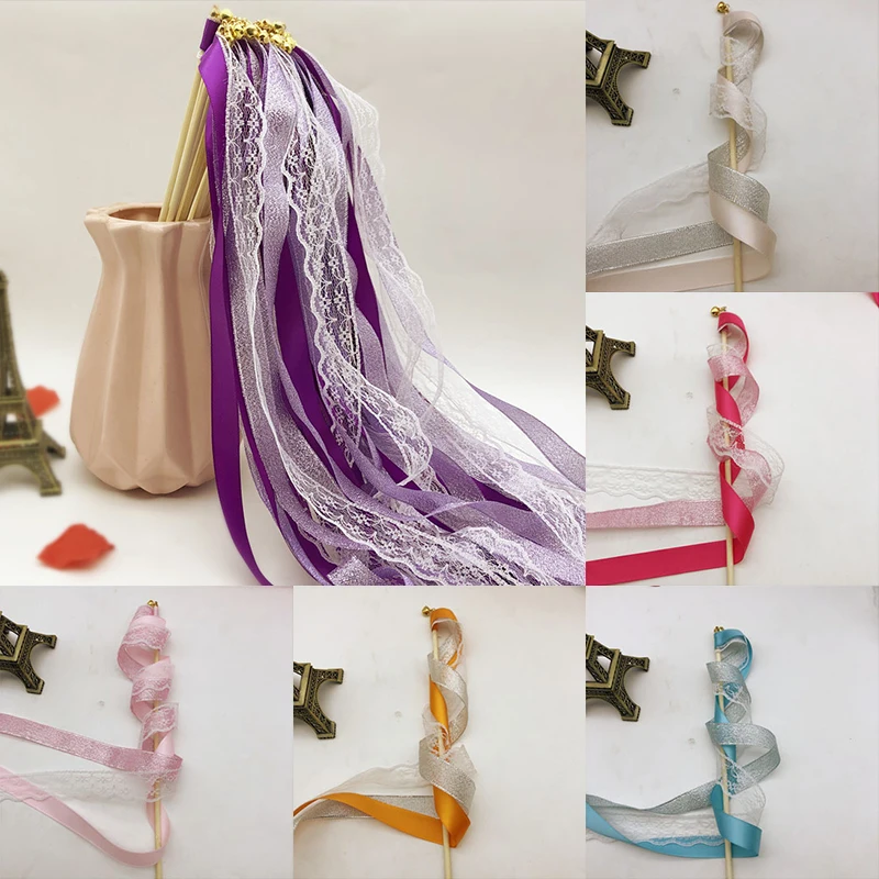 

30 шт. Разноцветные Ленты Кружева DIY Twirling с колокольчиком растяжки свадебные палочки Свадебные сувениры палочки с лентами для вечевечерние НКИ Декор газона