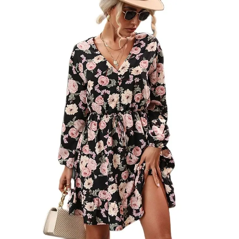 

Summer Elegant Ladies Luxury Long Sleeve VNeck Printed Holiday Bohemian Dress Slim Thin Evening Costume