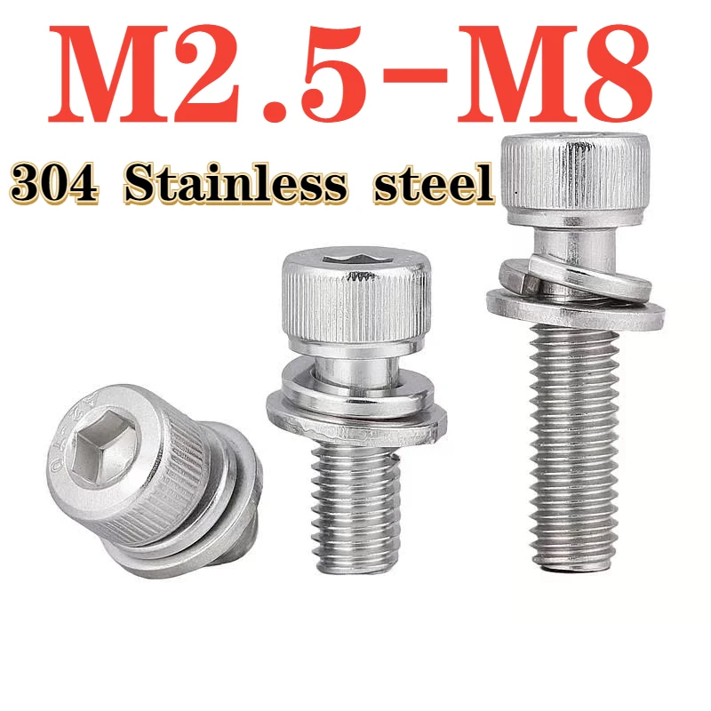 

304 накатанный шестигранный болт из нержавеющей стали M2.5 M3 M4 M5 M6 M8 плоская шайба пружинная шайба в сборе болт блокировки