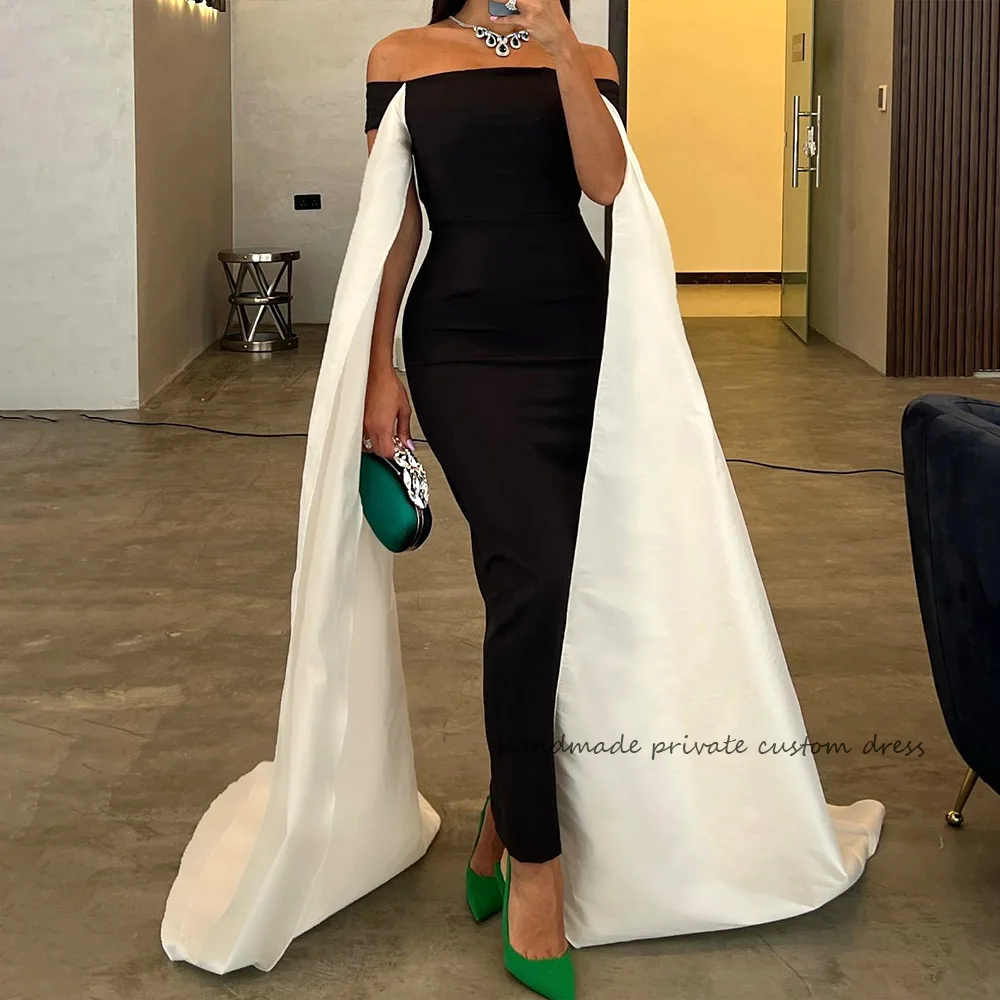 

Black Mermaid Evening Dresses White Cape Spandex Satin Saudi Arabic Evening Party Gowns Customized Long Dubai Prom Event Dress