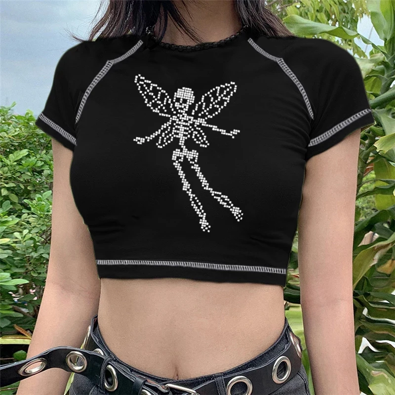 

summer casual Y2k E-girl Tees Slim vintage grunge women's crop top Gothic graphic butterfly skull print punk streetwear T-shirt